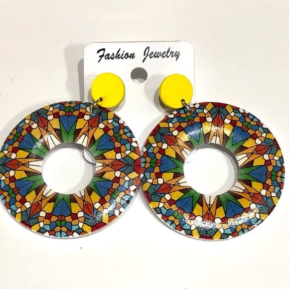 Boho Festive Multicolored Wooden Hoop Dangle Earrings - 210 - Picture 4 of 7